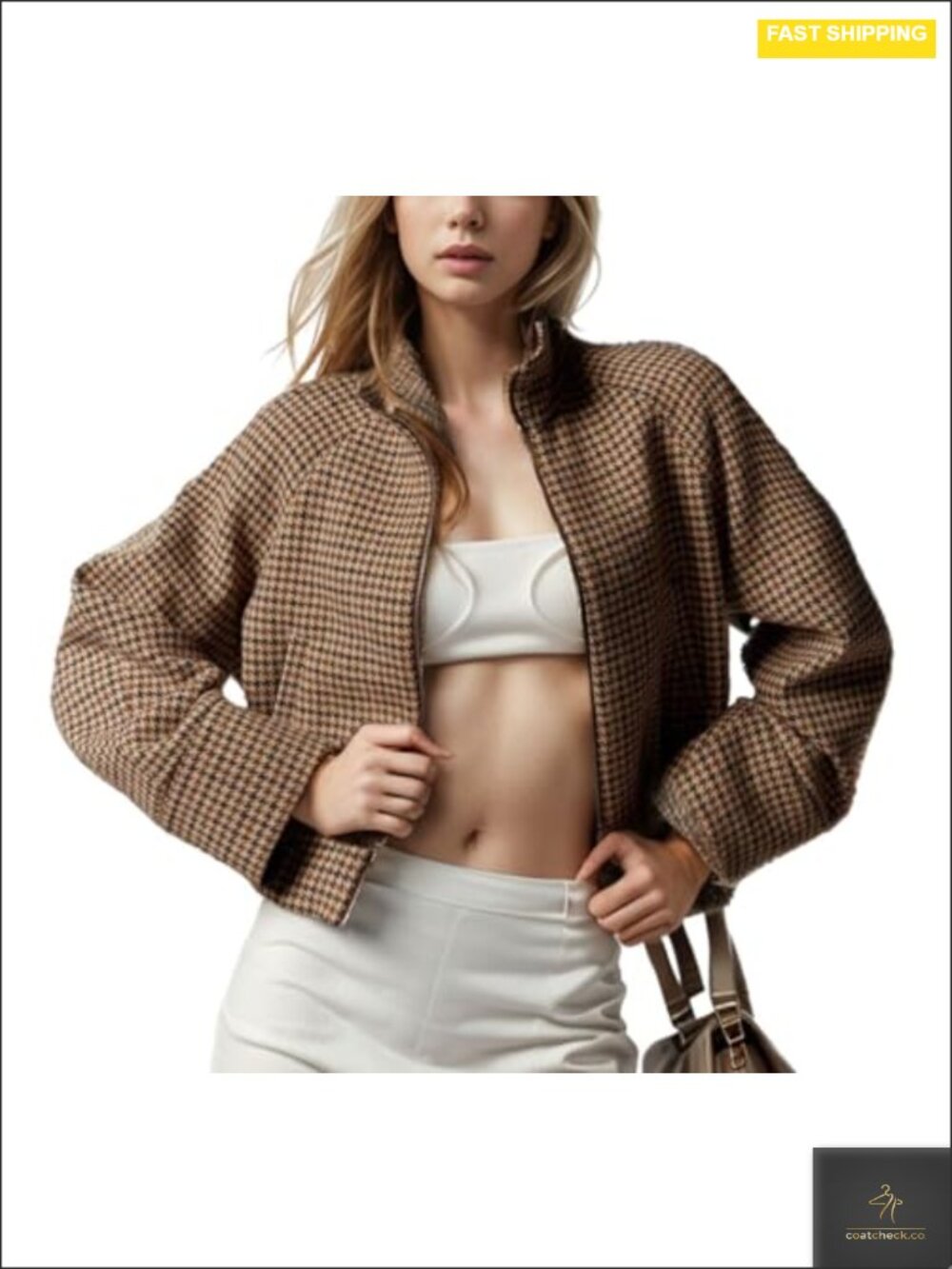 Wool Blend Cropped Bomber Jacket Houndstooth Plaid Peacoat
